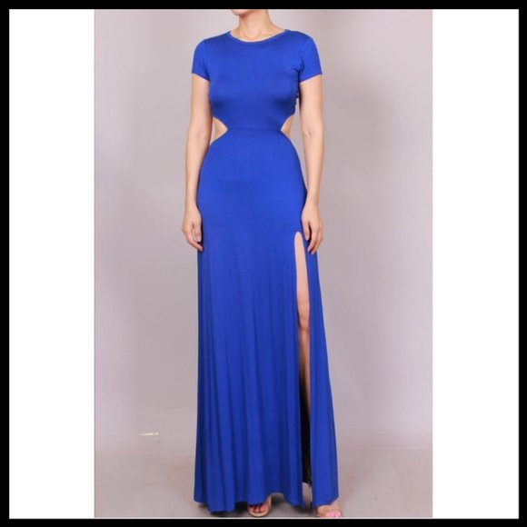 NWT Maxi Dress with Cut Out Back Thigh Split Blue - Picture 2 of 6